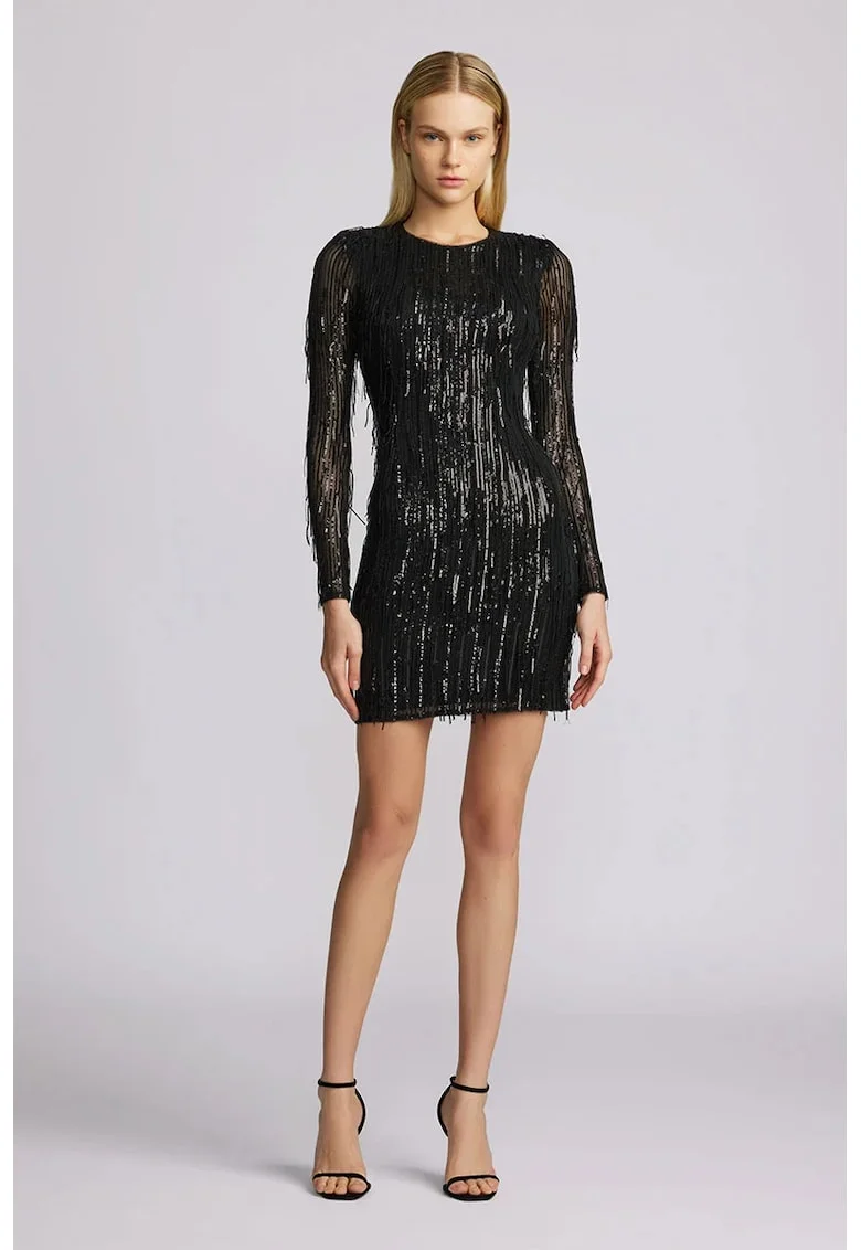 Rochie mini cu maneca lunga, franjuri si paiete, Negru