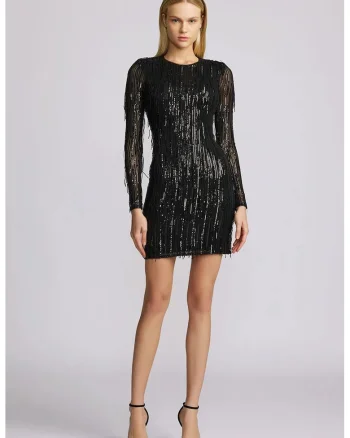 Rochie mini cu maneca lunga, franjuri si paiete, Negru