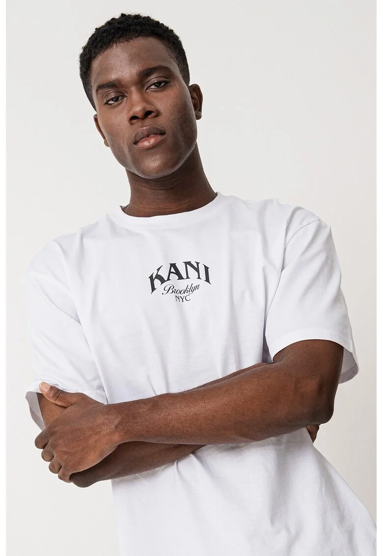 Tricou de bumbac cu logo si imprimeu grafic Kani Dice, Alb/Negru/Portocaliu