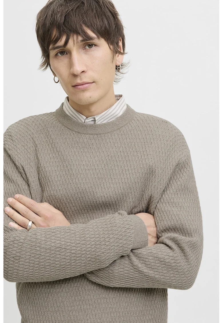 Pulover slim fit cu model texturat, Grej