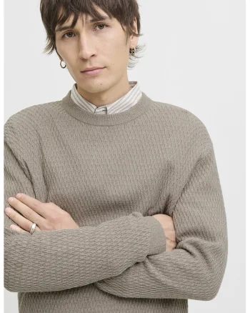 Pulover slim fit cu model texturat, Grej