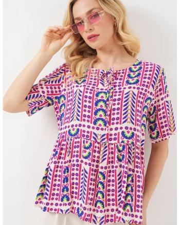 Tricou dama  BDART, guler rotund, cu imprimeu, magenta, textil