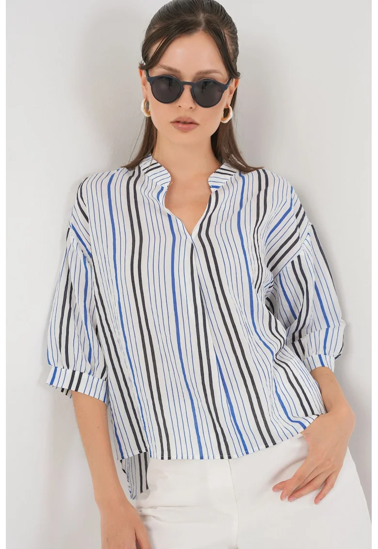 Bluza dama HiCCUP BDART, cu dungi, decolteu in V, textil, bleumarin