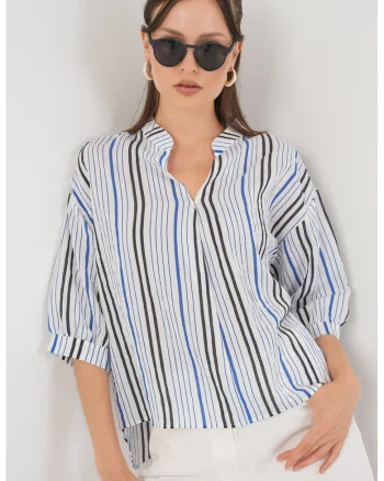 Bluza dama HiCCUP BDART, cu dungi, decolteu in V, textil, bleumarin