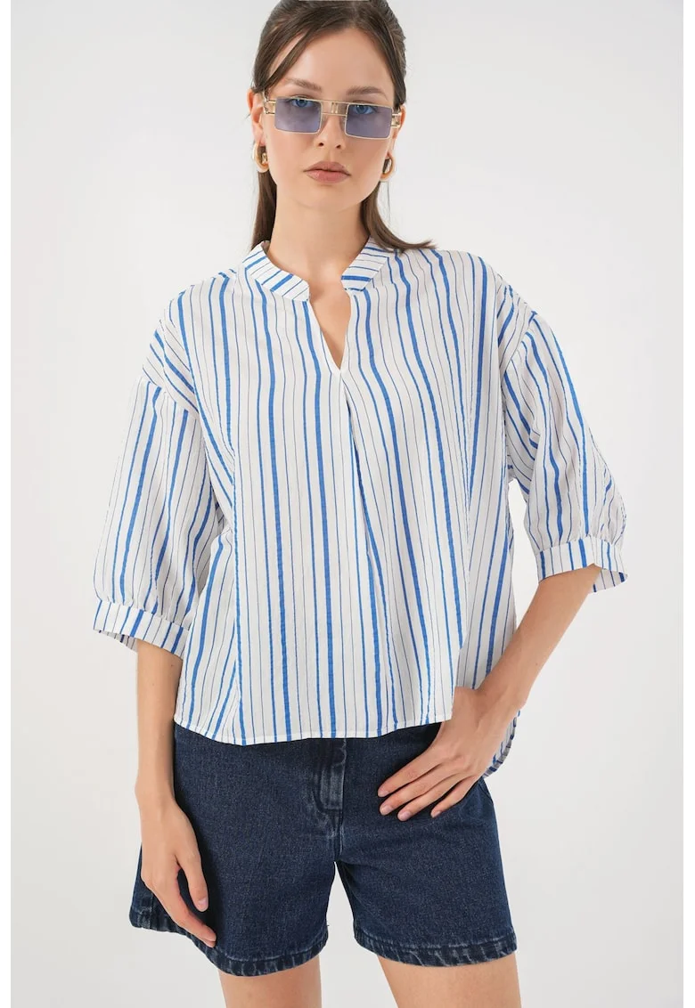 Bluza dama HiCCUP BDART, cu dungi, decolteu in V, textil, albastru