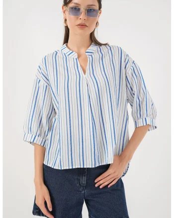 Bluza dama HiCCUP BDART, cu dungi, decolteu in V, textil, albastru