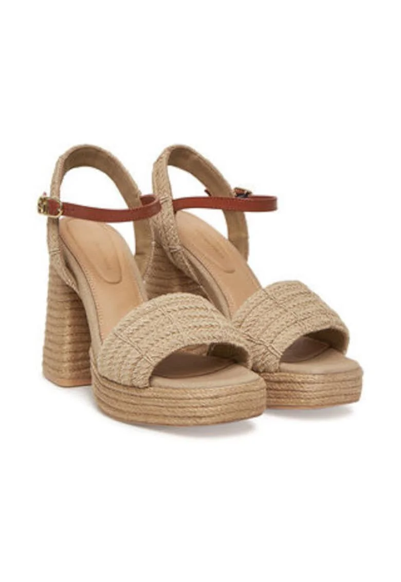 Sandale cu toc dama,  material textil, bej,