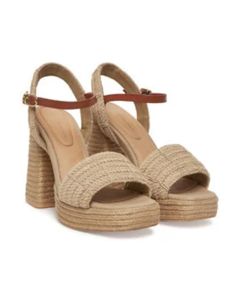 Sandale cu toc dama,  material textil, bej,