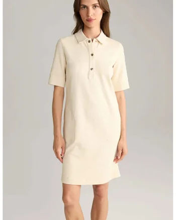 Rochie cu guler polo si buzunare frontale, Bej