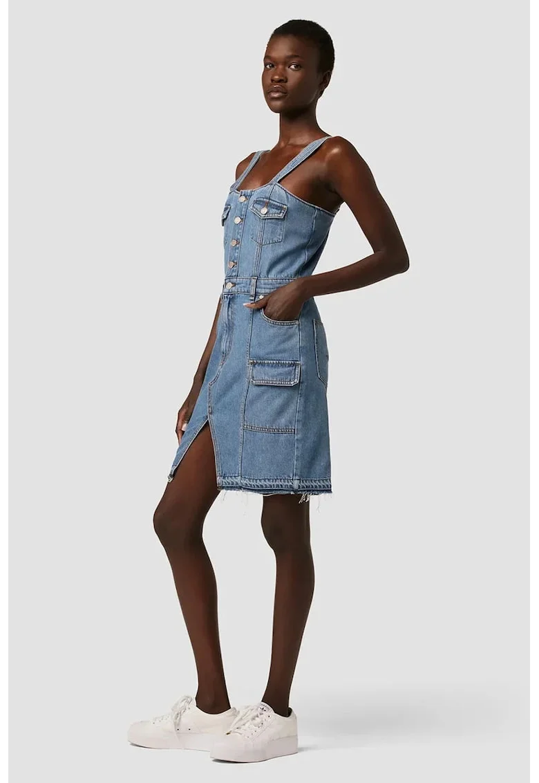 Rochie mini cu bretele ajustabile si inchidere frontala prin nasturi, Albastru