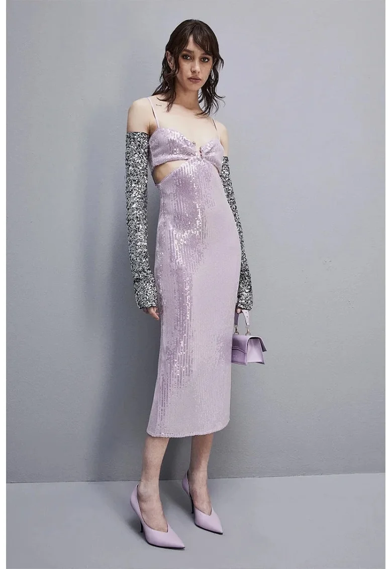Rochie midi din paiete cu decupaje laterale, Alb