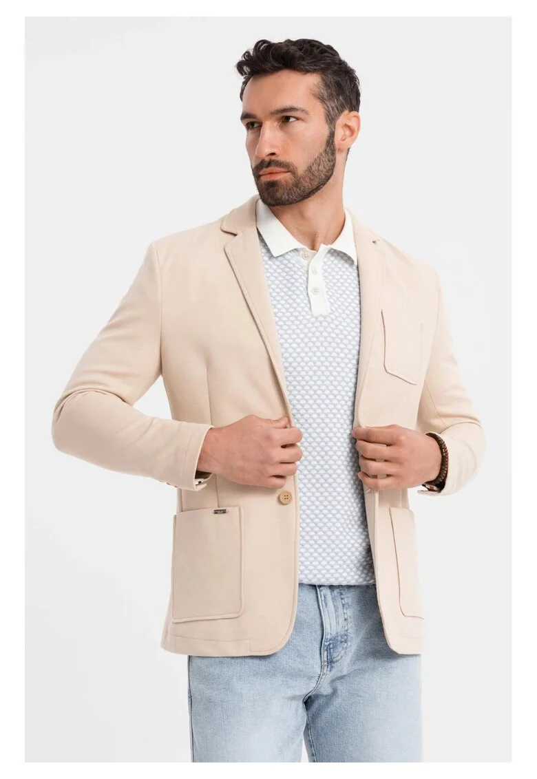 Sacou SLIM din tesatura tricotata cu textura subtila  OM-BLZB-0101, Bej, Bej