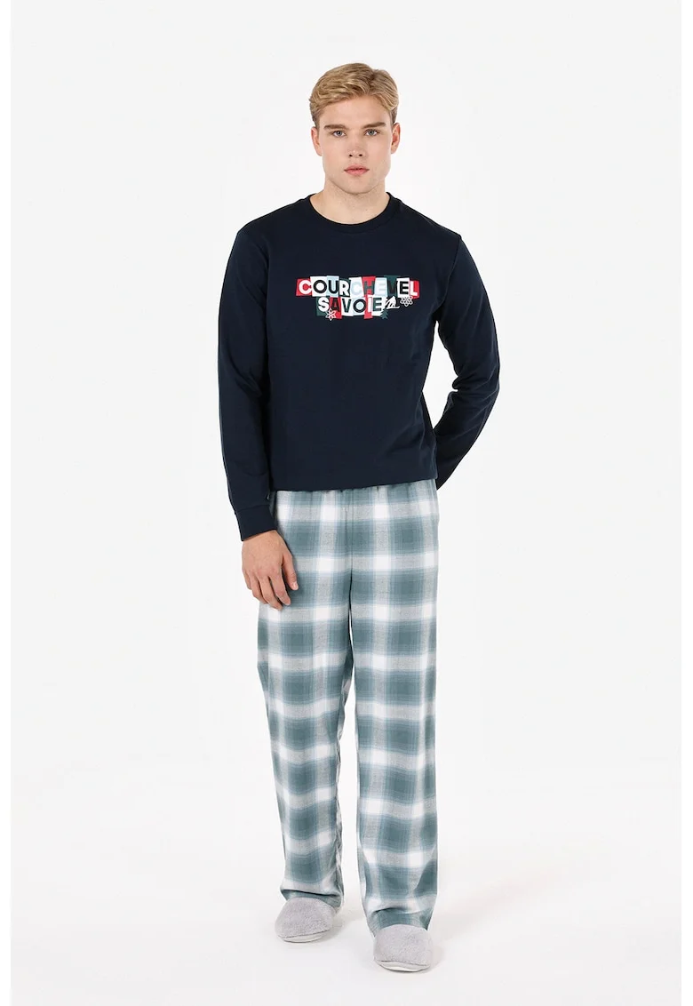 Bluza de trening cu imprimeu text, Alb optic/Bleumarin