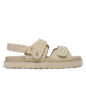 Sandale dama  bej, piele ecologica, sistem inchidere Velcro, strasuri