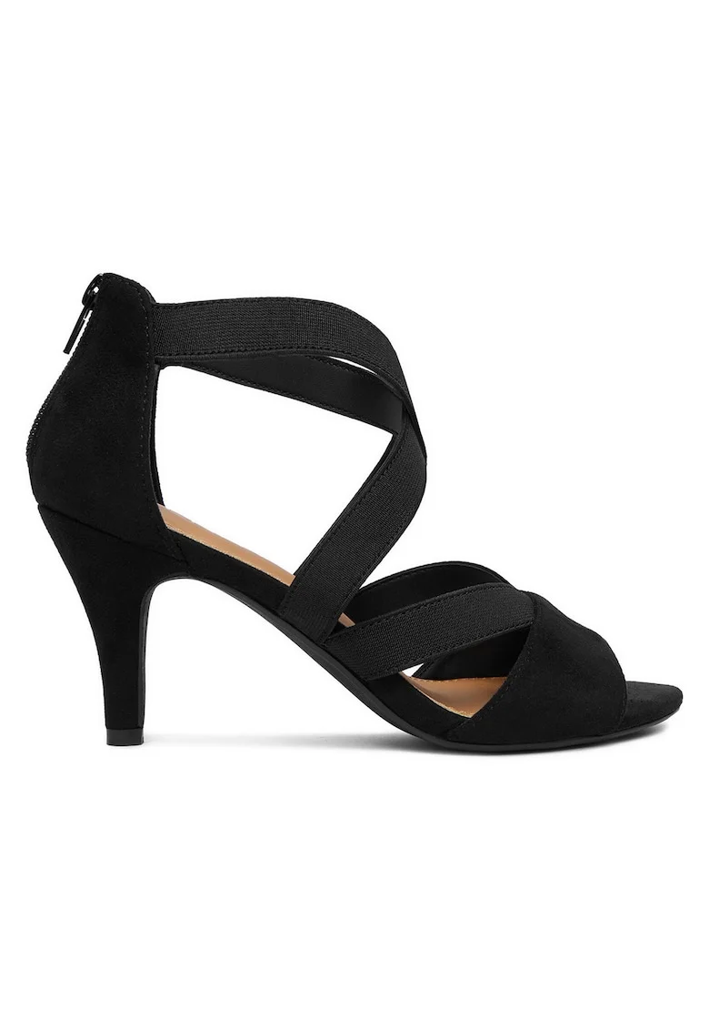 Sandale dama  toc subtire, fermoar, negru, textil, Negru