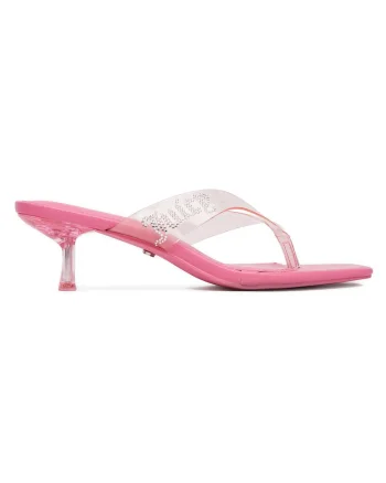 Slapi dama  roz, material sintetic, cu strasuri, toc kitten heel