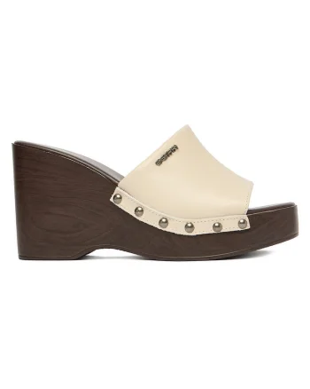 Papuci G-Star Raw, piele naturala, bej, toc cu platforma, capse metalice,
