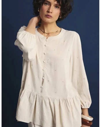 Bluza din amestec de in cu terminatie cu volane, Bej deschis