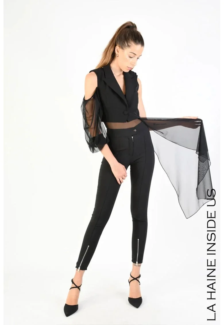 Vesta skinny cu maneca detasabila si inchidere printr-un nasture, Negru
