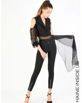 Vesta skinny cu maneca detasabila si inchidere printr-un nasture, Negru