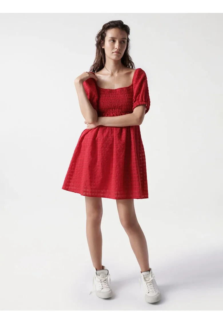 Rochie din amestec de bumbac cu fronseuri si maneci bufante,