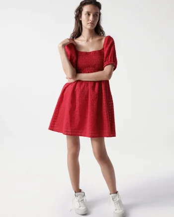 Rochie din amestec de bumbac cu fronseuri si maneci bufante,