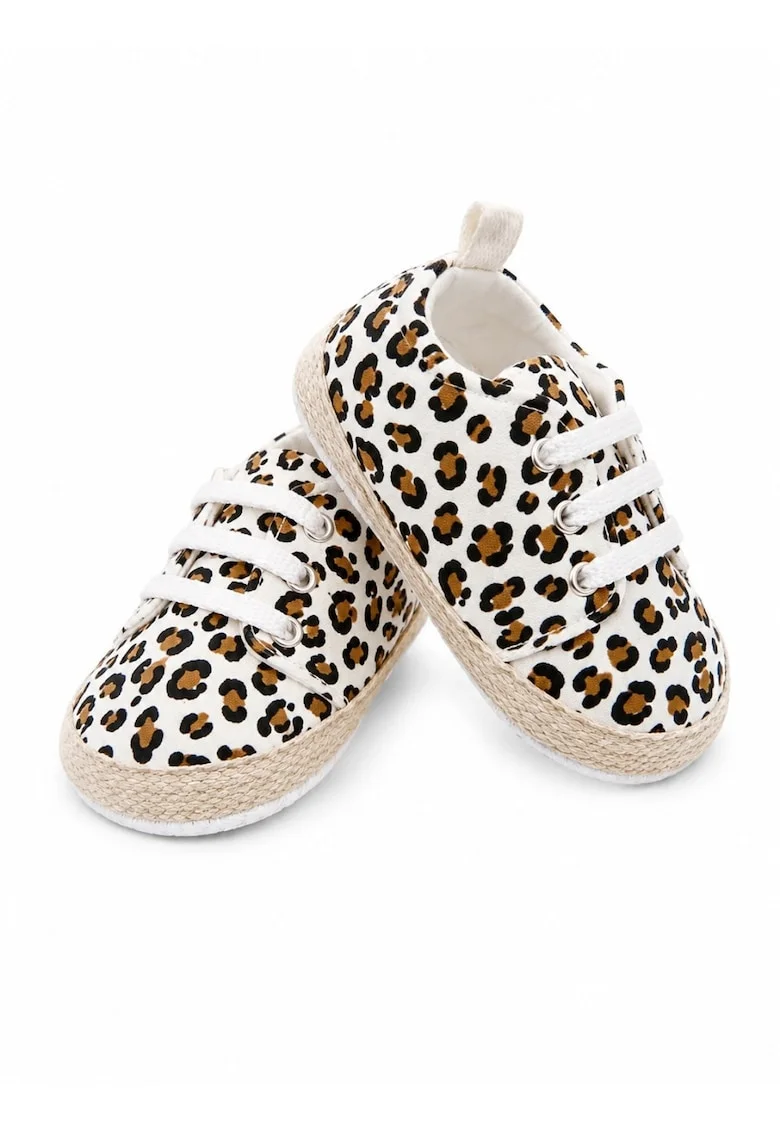 Pantofi bebe leopard tip sneakers cu talpa antiderapanta si sireturi moi