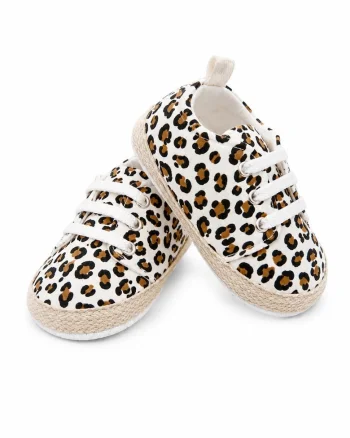 Pantofi bebe leopard tip sneakers cu talpa antiderapanta si sireturi moi