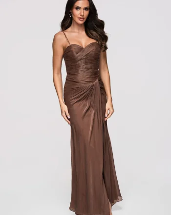 Rochie maxi cu decolteu in forma de inima si material satinat, Maro
