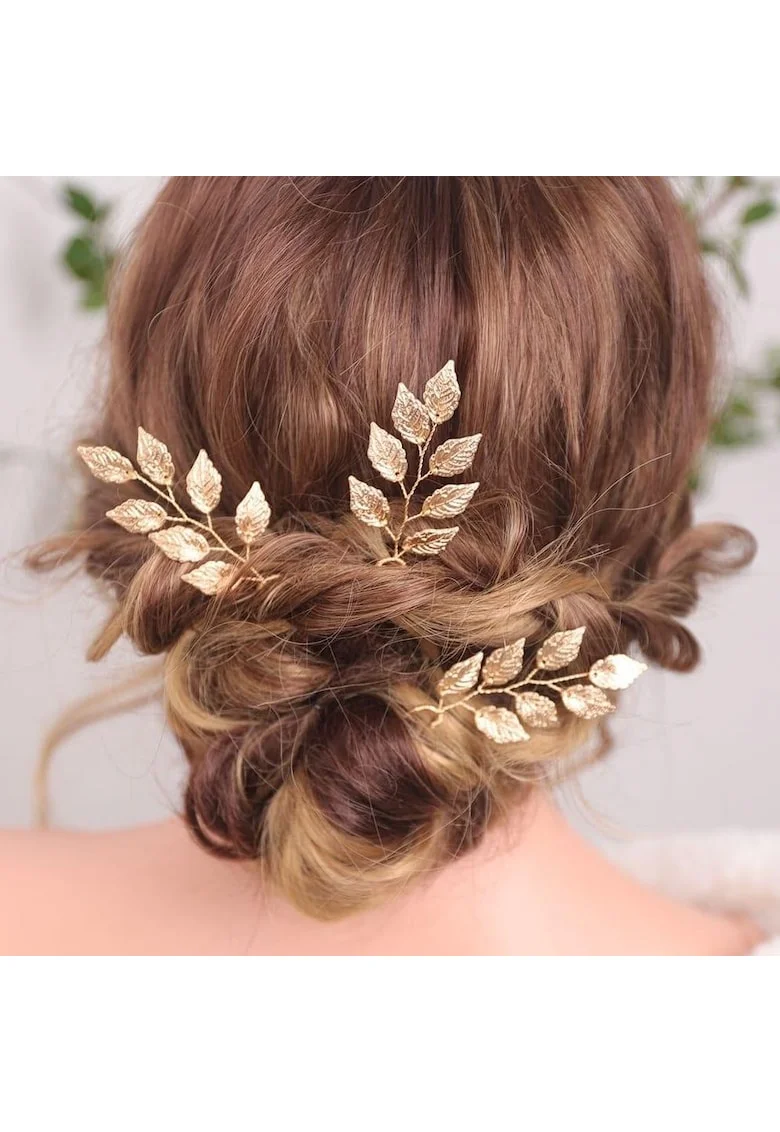 Set 3 accesorii de par, aurii, cu frunzulite, Thilda C11,