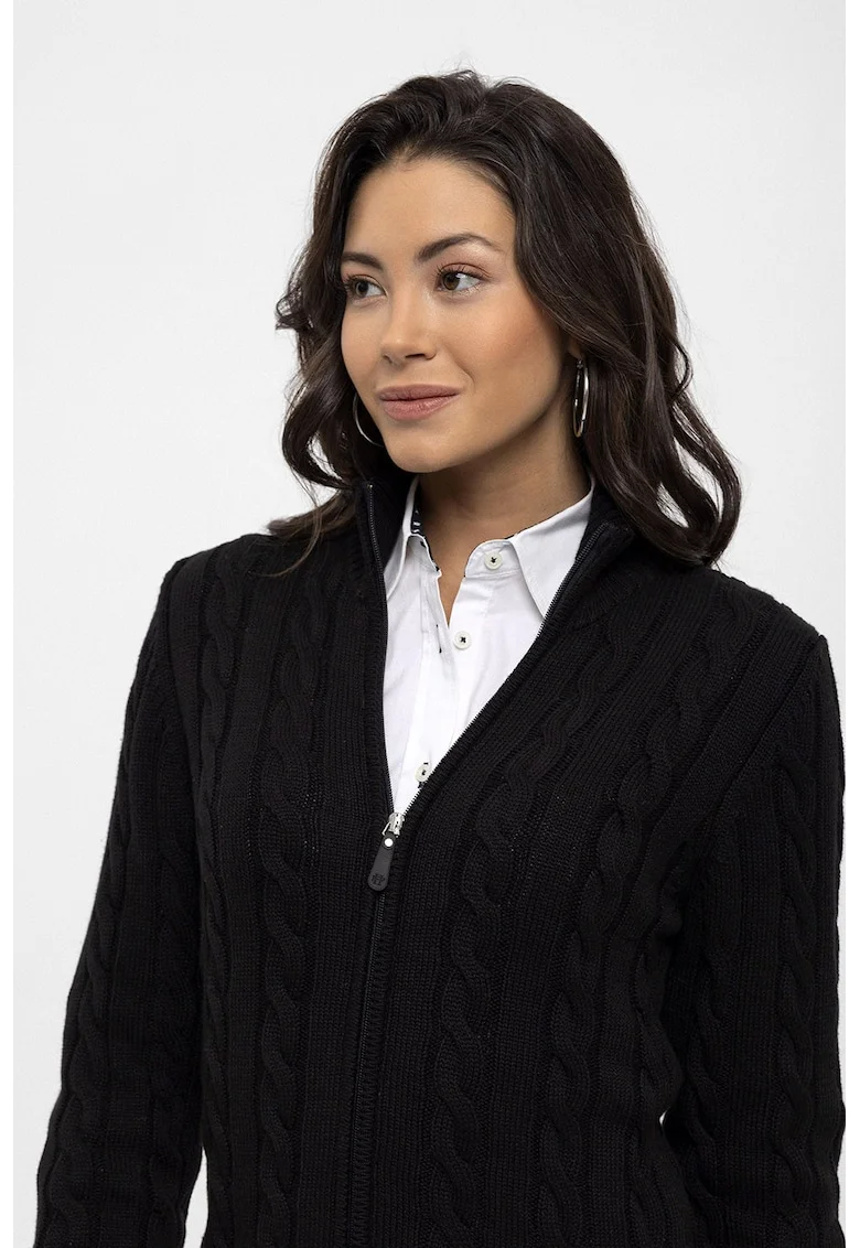 Cardigan cu design torsade si fermoar, Negru