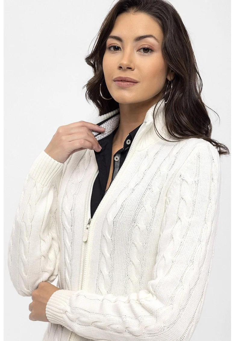 Cardigan cu design torsade si fermoar, Alb