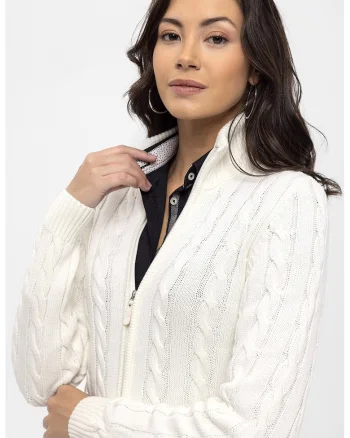 Cardigan cu design torsade si fermoar, Alb