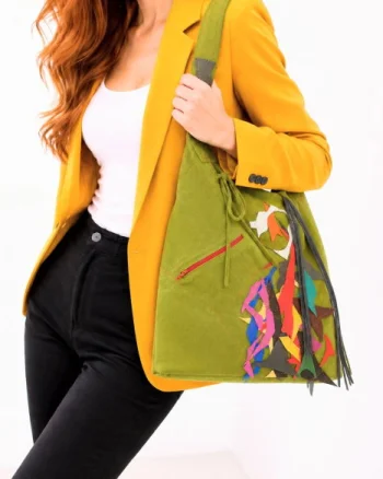 Geanta sac ,din piele naturala olive intoarsa,cu aplicatii colorate din piele