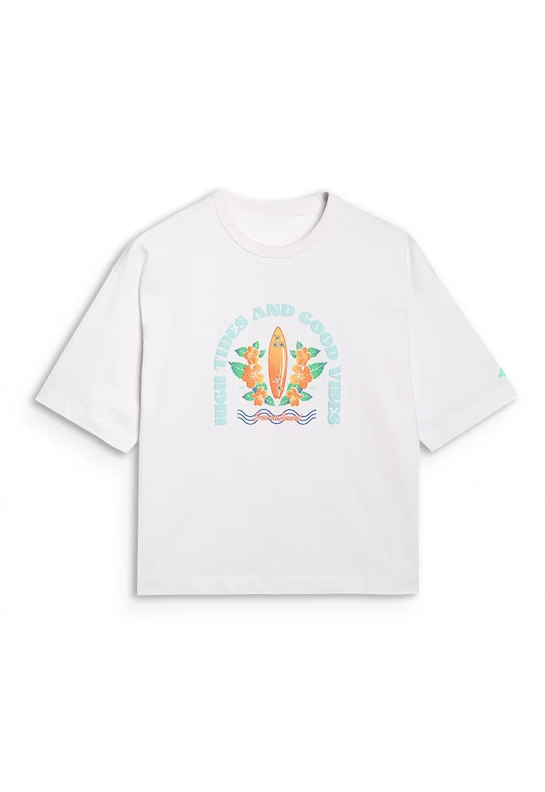 Tricou Oversize  Alb, 100% Bumbac, "High Tides and Good Vibes, Alb