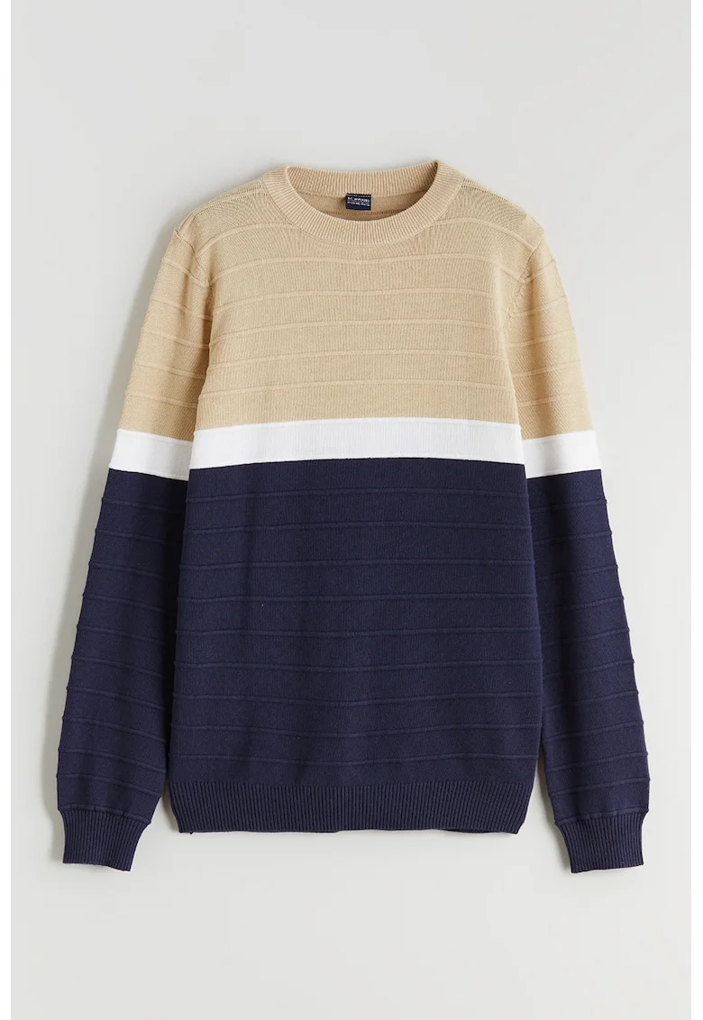 Pulover din tricot cu aspect texturat, Albastru ultramarin/Bej