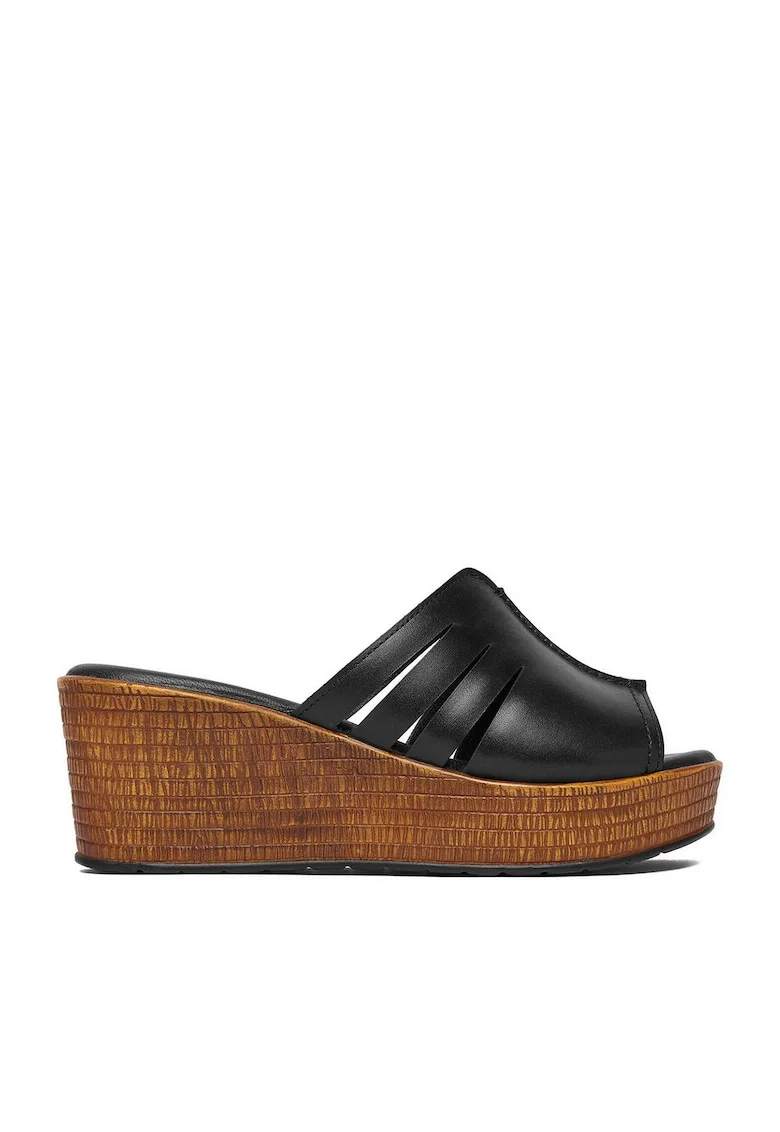Papuci  dama, piele naturala, negru, platforma maro