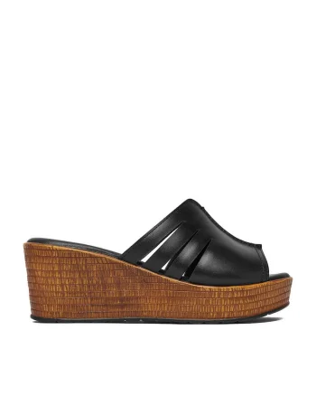 Papuci  dama, piele naturala, negru, platforma maro