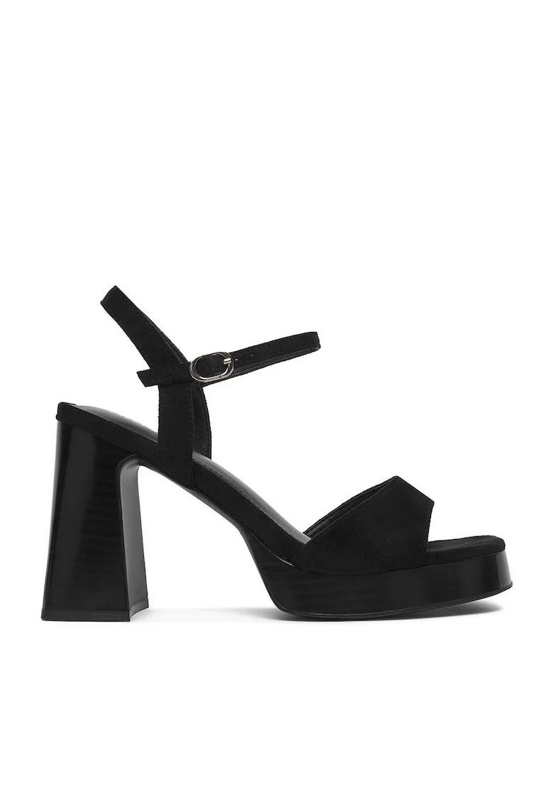 Sandale dama  negru, material textil, toc bloc cu platforma, inchidere cu catarama, Negru