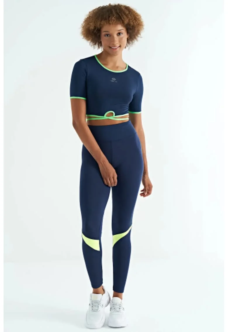 Tricouri dama,  Tricou Crop Elastic, Albastru Cobalt, Poliester-Elastan