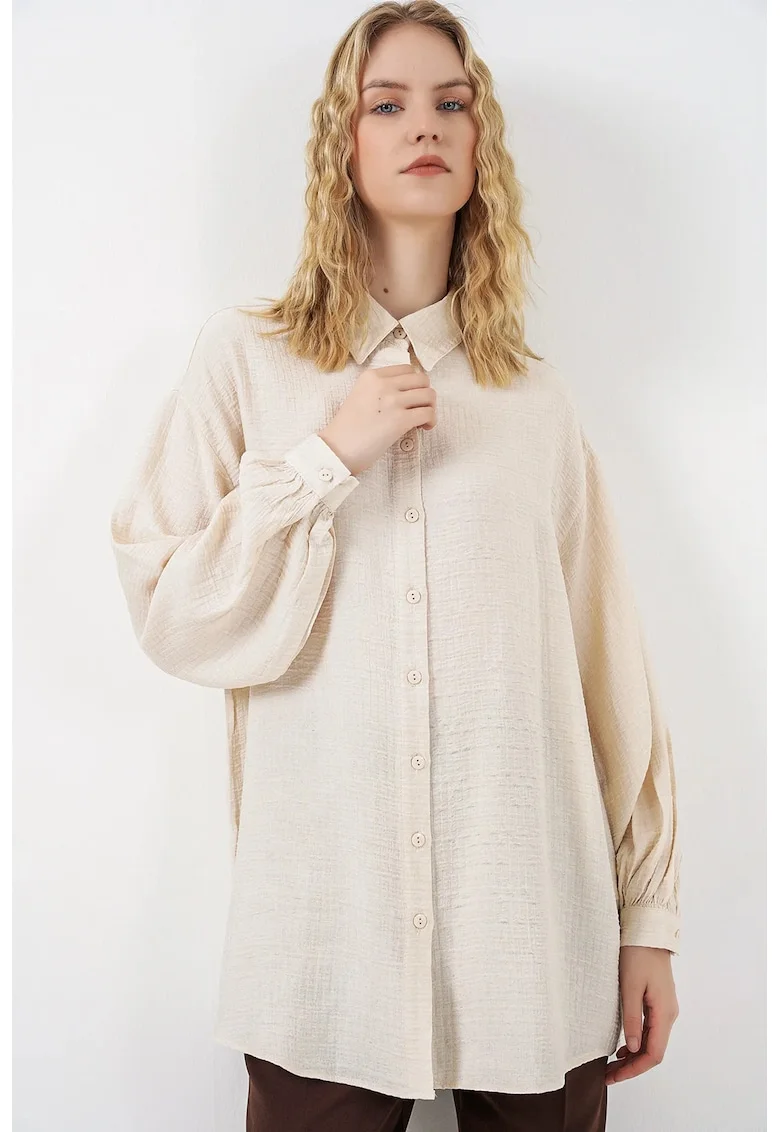 Camasa dama,  bluza lunga supradimensionata, crem natural, amestec de viscoza si nailon