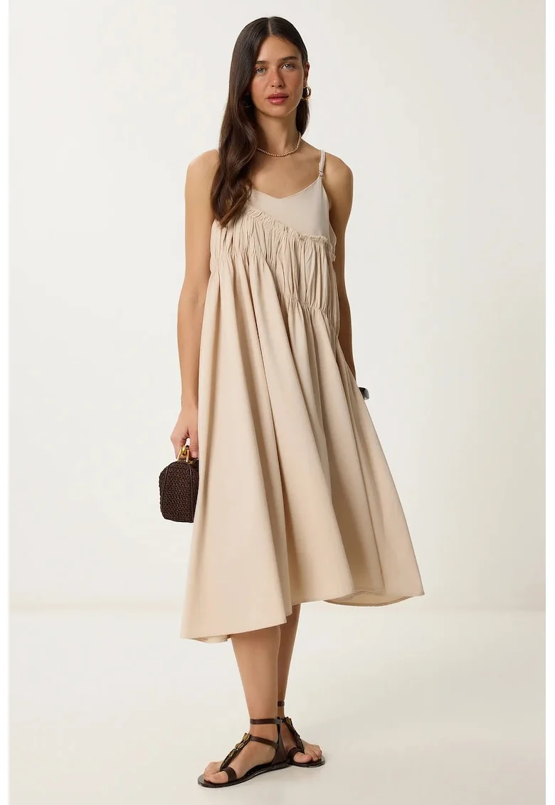 Rochie Midi, Happiness Istanbul, Volane, Crem, Bumbac