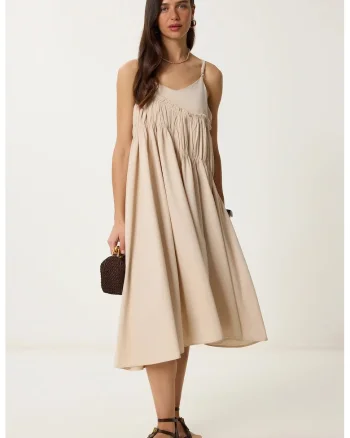 Rochie Midi, Happiness Istanbul, Volane, Crem, Bumbac