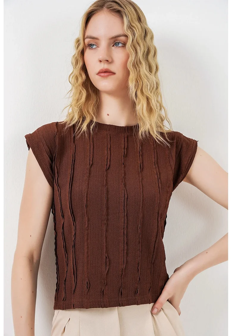 Bluza  casual, regular fit, texturata, maro mocha, poliester-elastan