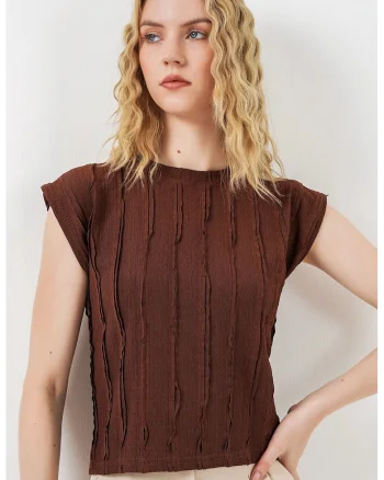 Bluza  casual, regular fit, texturata, maro mocha, poliester-elastan