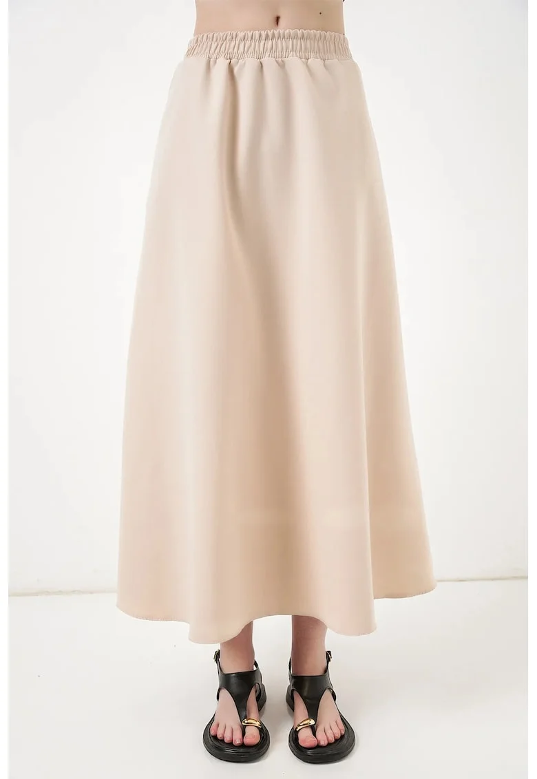 Fusta maxi  talie inalta, croiala evazata, bej natural, poliester-elastan