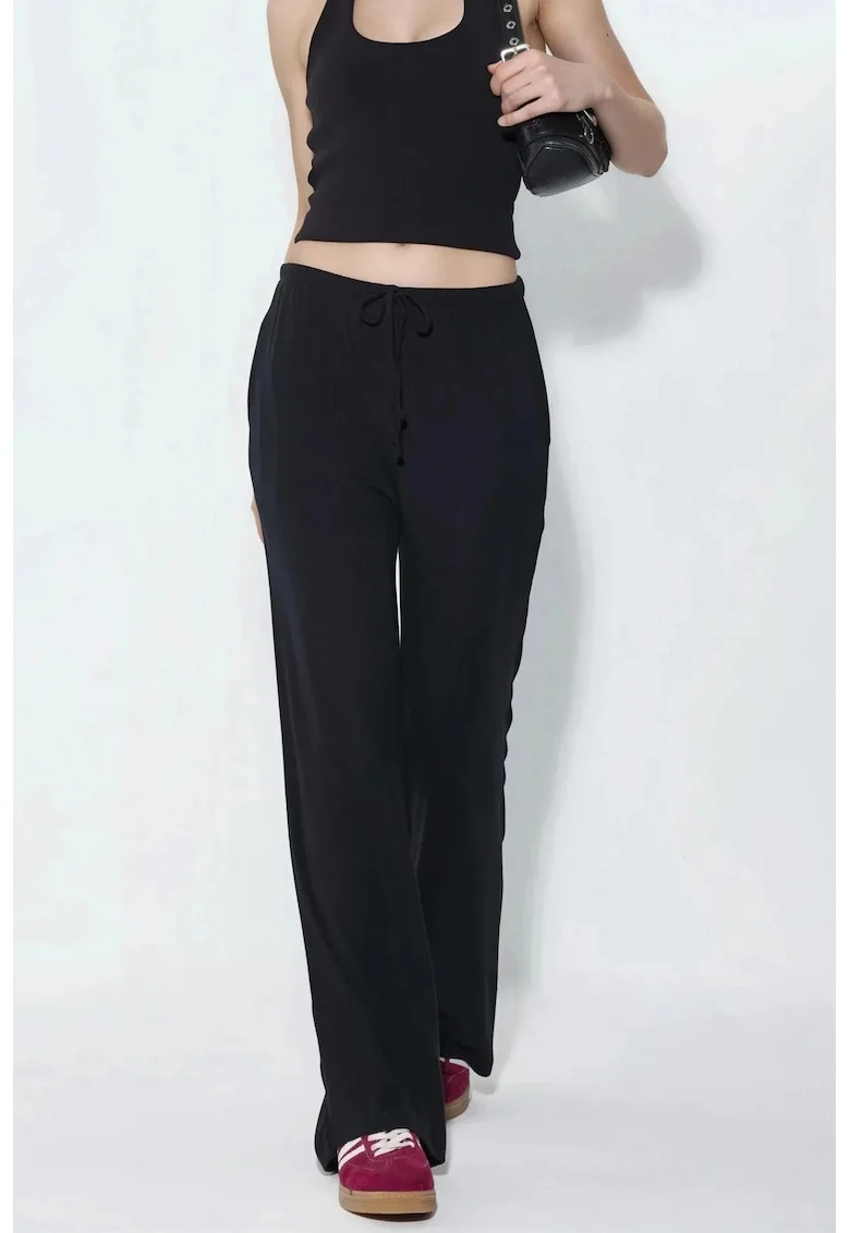 Pantaloni dama,  Wide-Leg, casual, negru, jerseu
