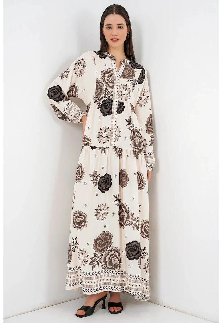 Rochie maxi  imprimata, maneca lunga, bej, viscoza