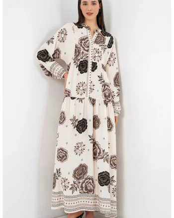 Rochie maxi  imprimata, maneca lunga, bej, viscoza