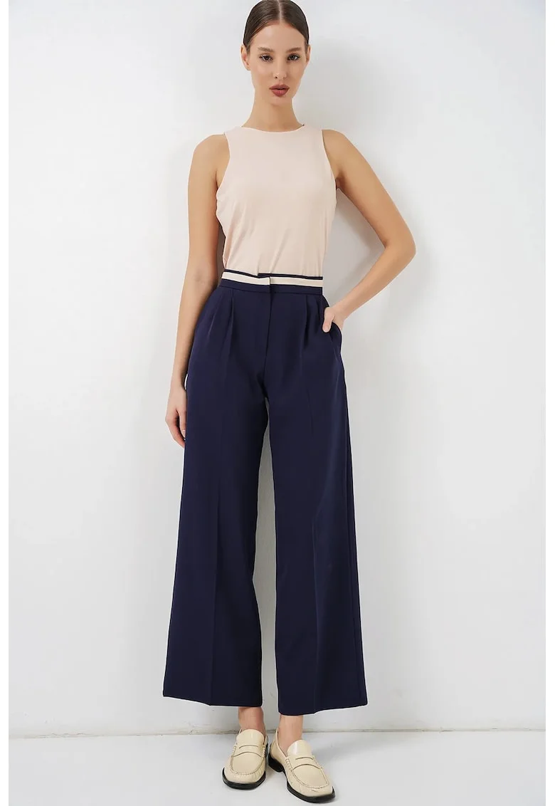 Pantaloni dama,  talie inalta, picior larg, albastru marin, poliester-elastan